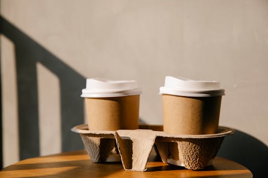 Cardboard cups with plastic lids on holder tray placed on wooden table casting a shadow